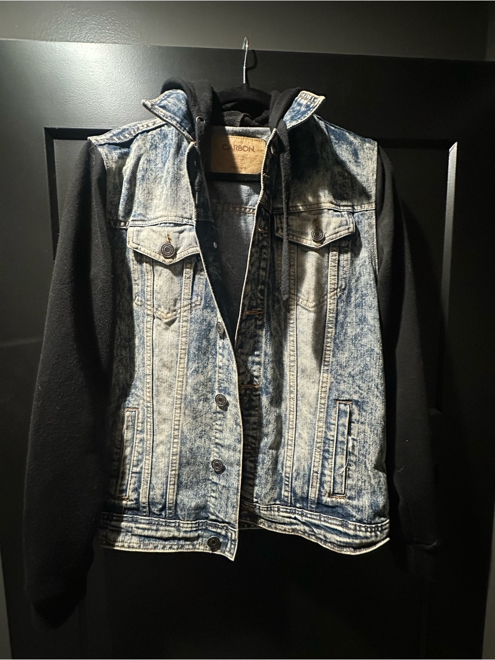 Acid Wash Denim Vest with Black Hoodie Sleeves
